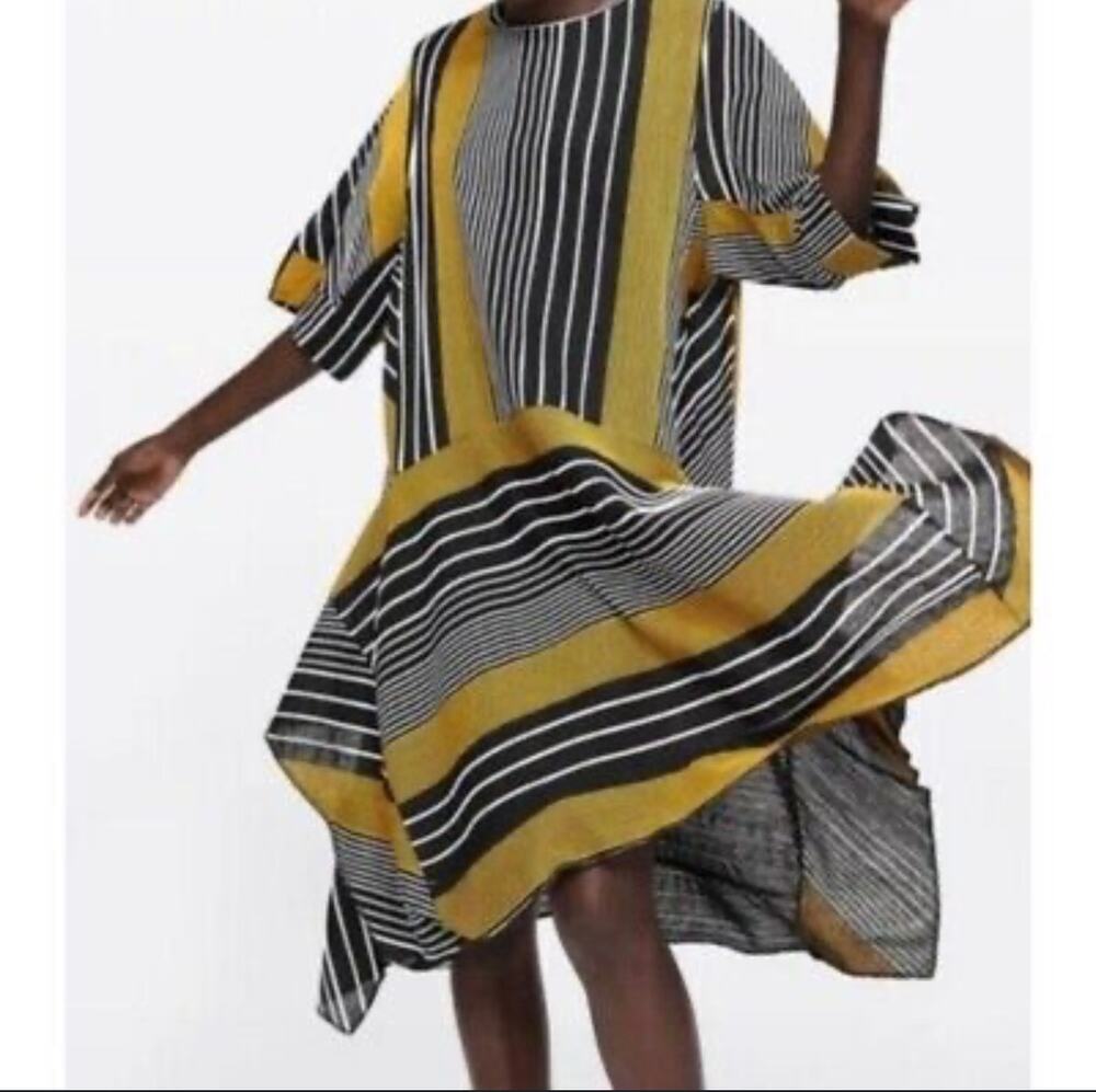 Zara Striped Oversized Drop Waist Knit Tunic Midi Dress Sz S